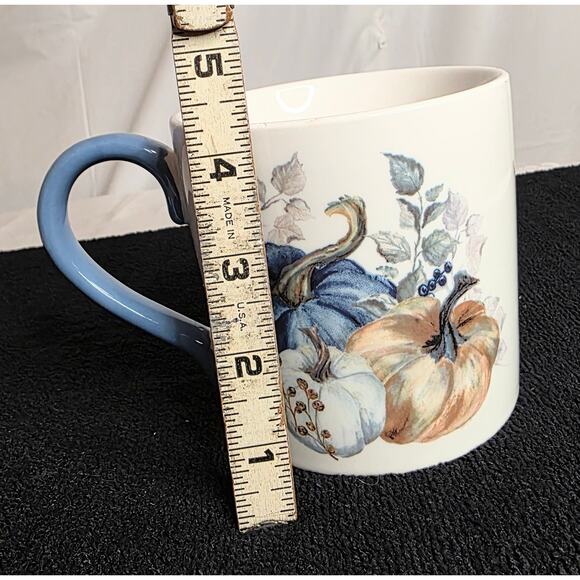 Primo Design Fall Pumpkin Coffee Mug 4" Tall 4" Diameter Blue White Brown 16 oz. - Picture 6 of 6